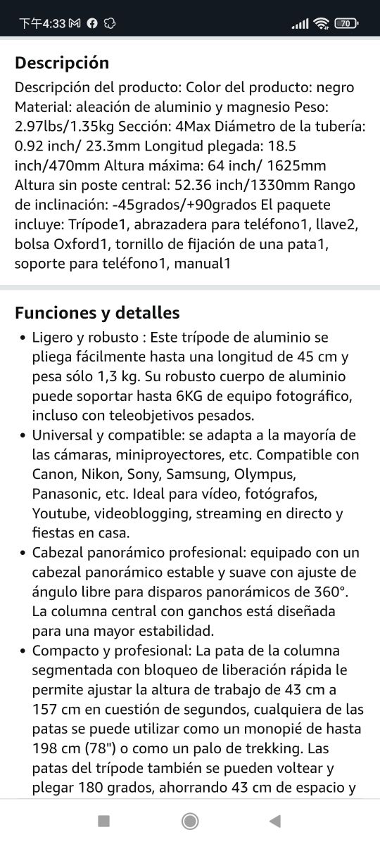 Trípode de Cámara Portátil 62''/157cm de Aluminio,