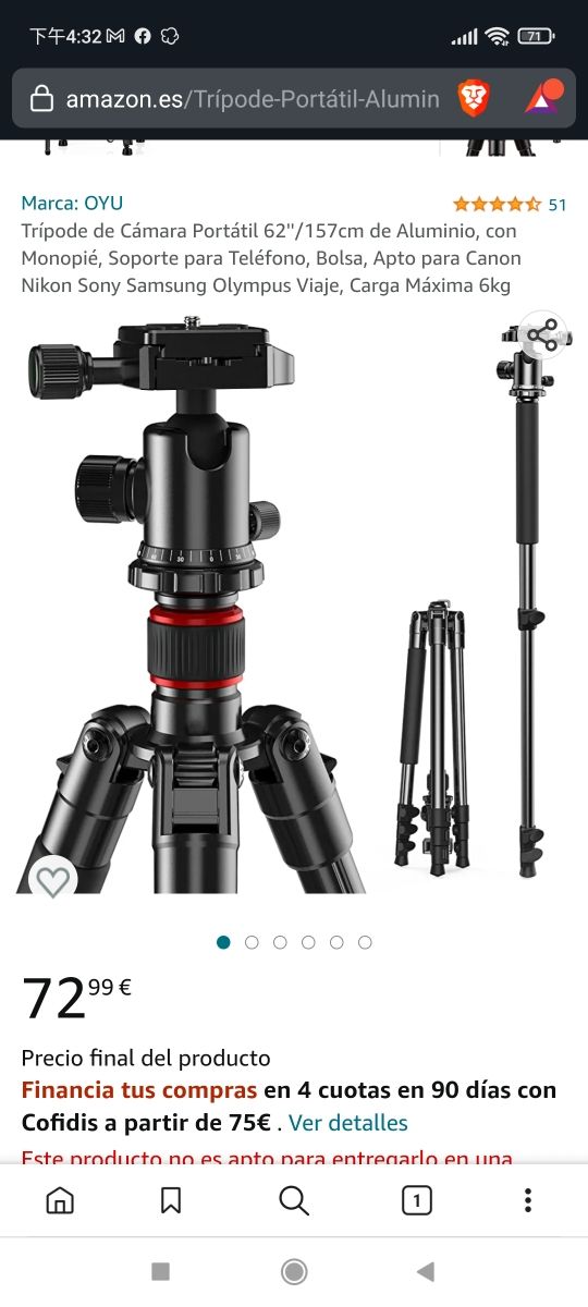 Trípode de Cámara Portátil 62''/157cm de Aluminio,