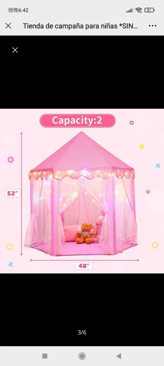 Tienda de campaña para niñas *SIN luces de estrell