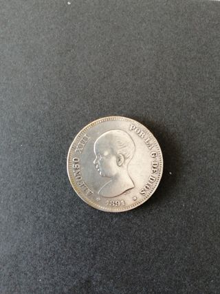 Moneda de Alfonso Xlll de 2 pesetas año 1891