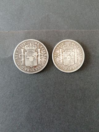 2 Monedas del Rey Alfonso Xll de Plata de 2 peseta