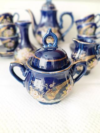 Juego de café de porcelana japonesa pavo real azul