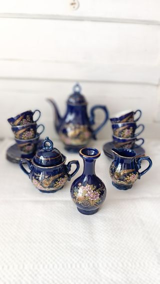 Juego de café de porcelana japonesa pavo real azul