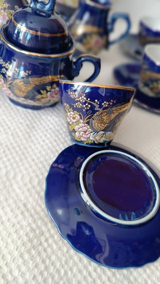Juego de café de porcelana japonesa pavo real azul