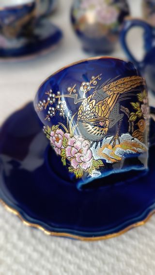 Juego de café de porcelana japonesa pavo real azul