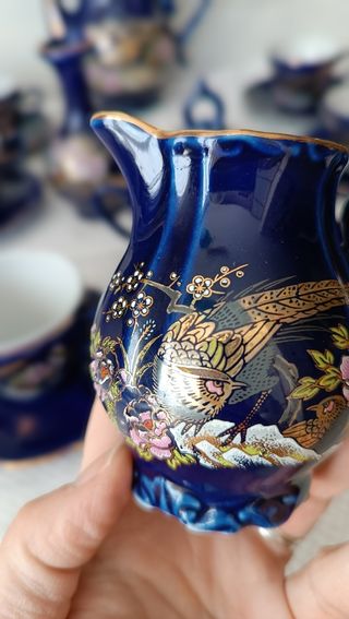 Juego de café de porcelana japonesa pavo real azul