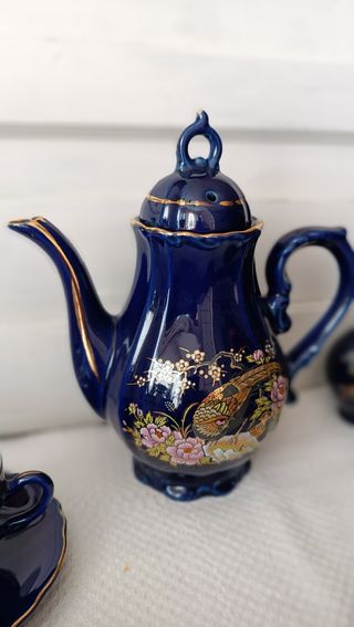 Juego de café de porcelana japonesa pavo real azul