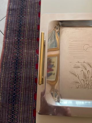 Vassoio acciaio cm. 40 con stampa e manici  dorata