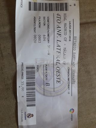 Entrada Real Madrid- Málaga.  Liga 2017-18
