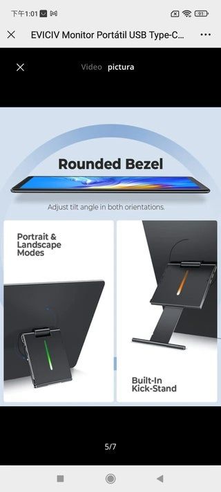 EVICIV Monitor Portátil USB Type-C de 15,6 Pulgada