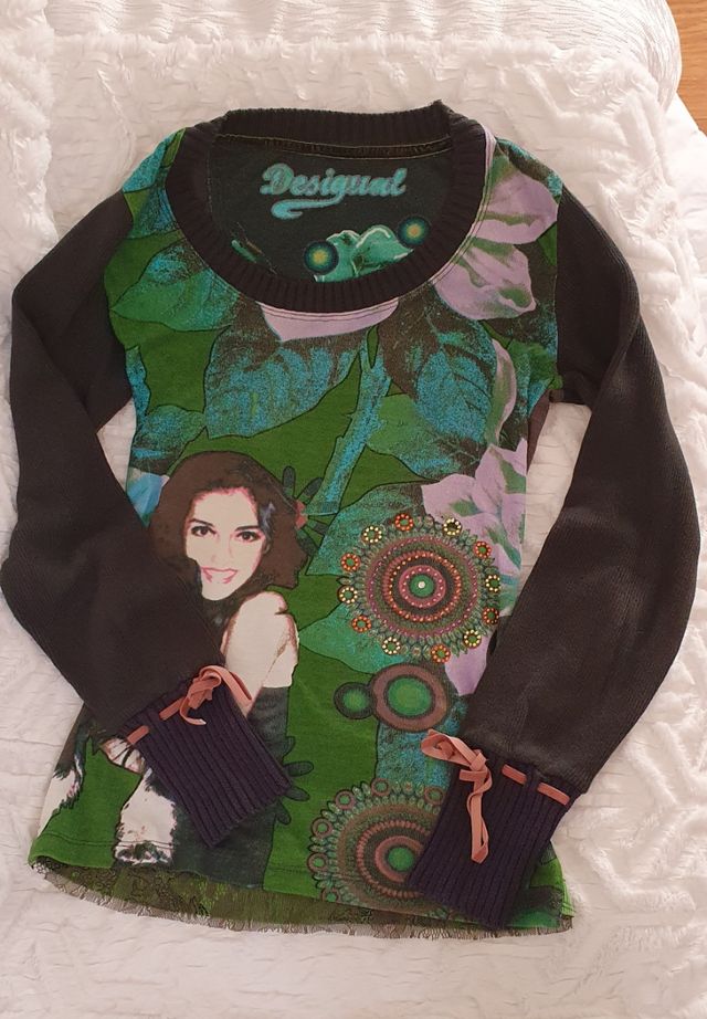 🧶 Jersey de DESIGUAL. estampado verde rosa XS
