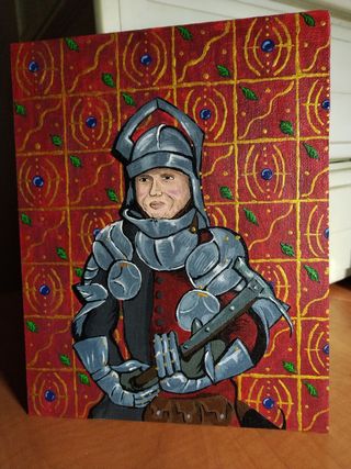 Pintura medieval en acrílico sobre tabla.