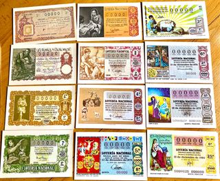 Juego 12 postales, décimos lotería navidad antigua