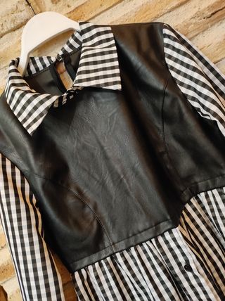 VESTIDO POLIPIEL Y TEJIDO VICHY