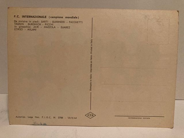 Rara Cartolina F.C. Inter Campione Del Mondo 1964