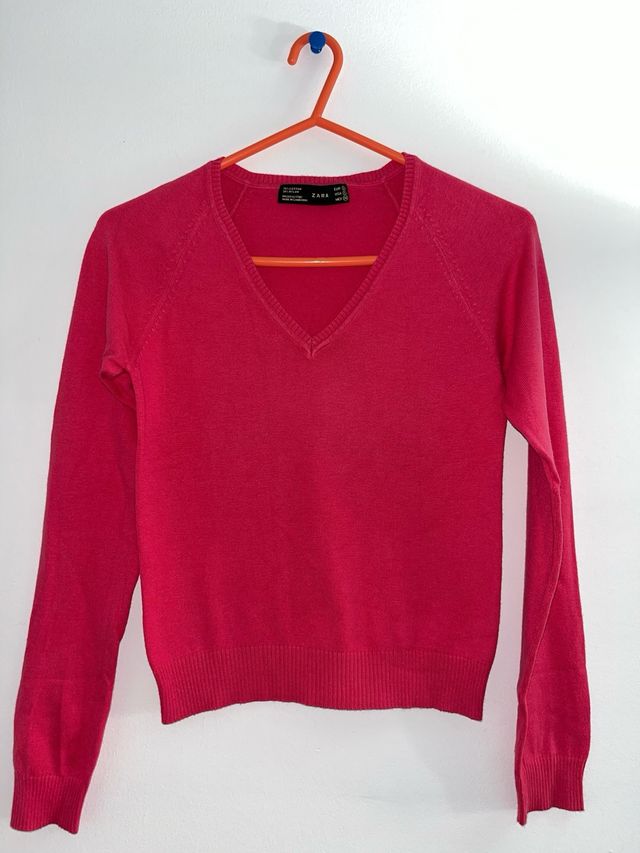 Jersey vestir cuello pico fucsia/ frambuesa