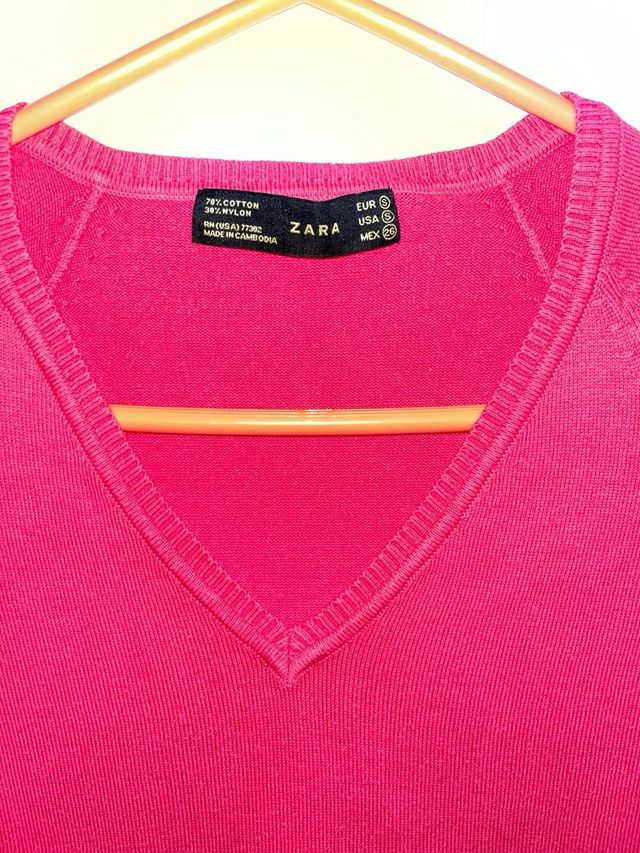 Jersey vestir cuello pico fucsia/ frambuesa