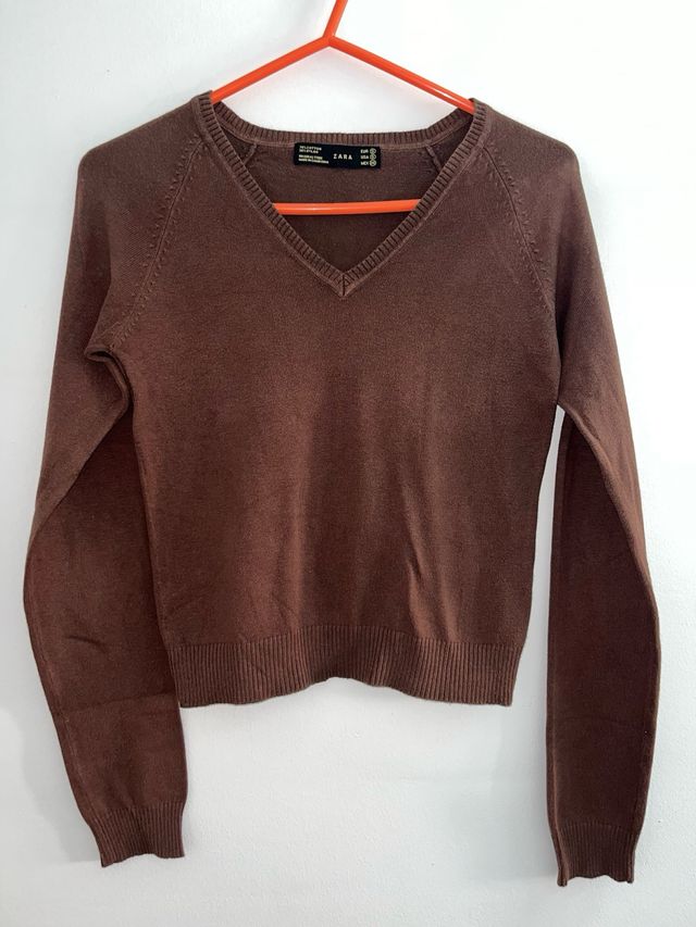 Jersey vestir cuello pico marrón