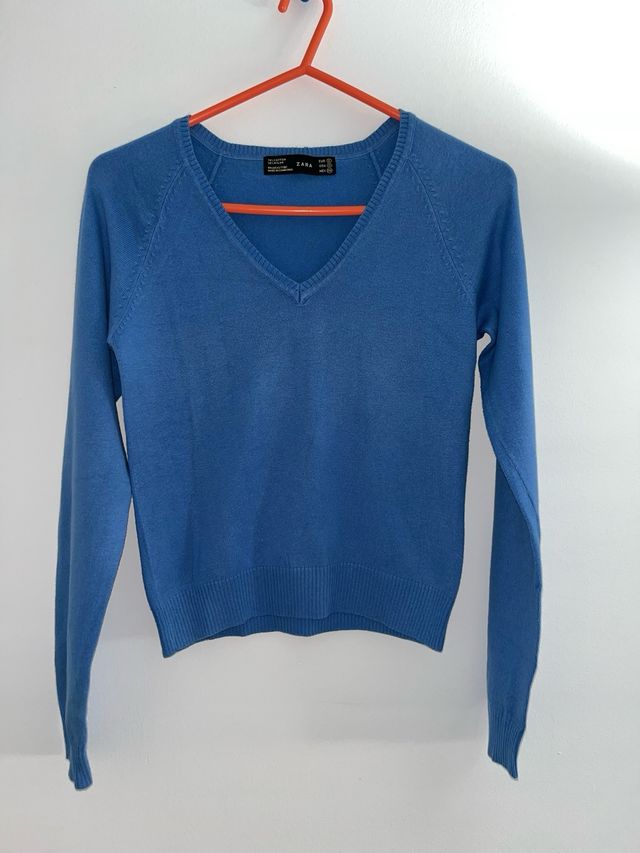 Jersey vestir cuello pico azul Zara
