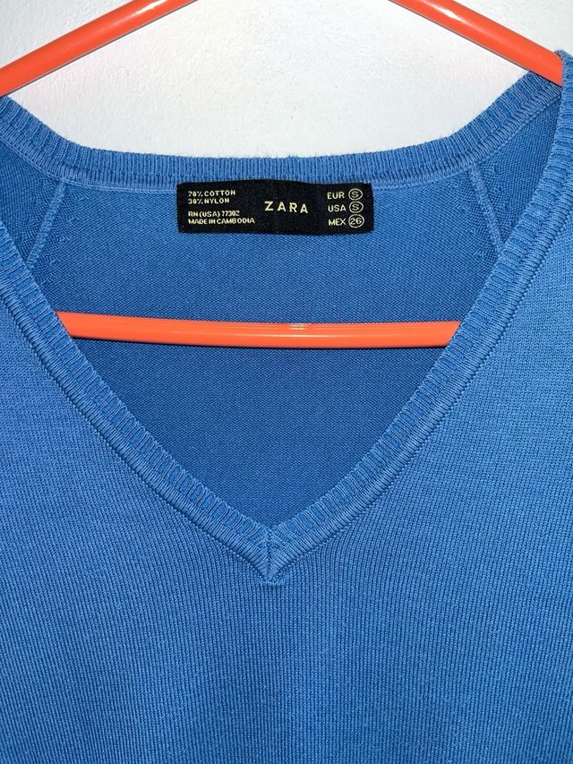 Jersey vestir cuello pico azul Zara