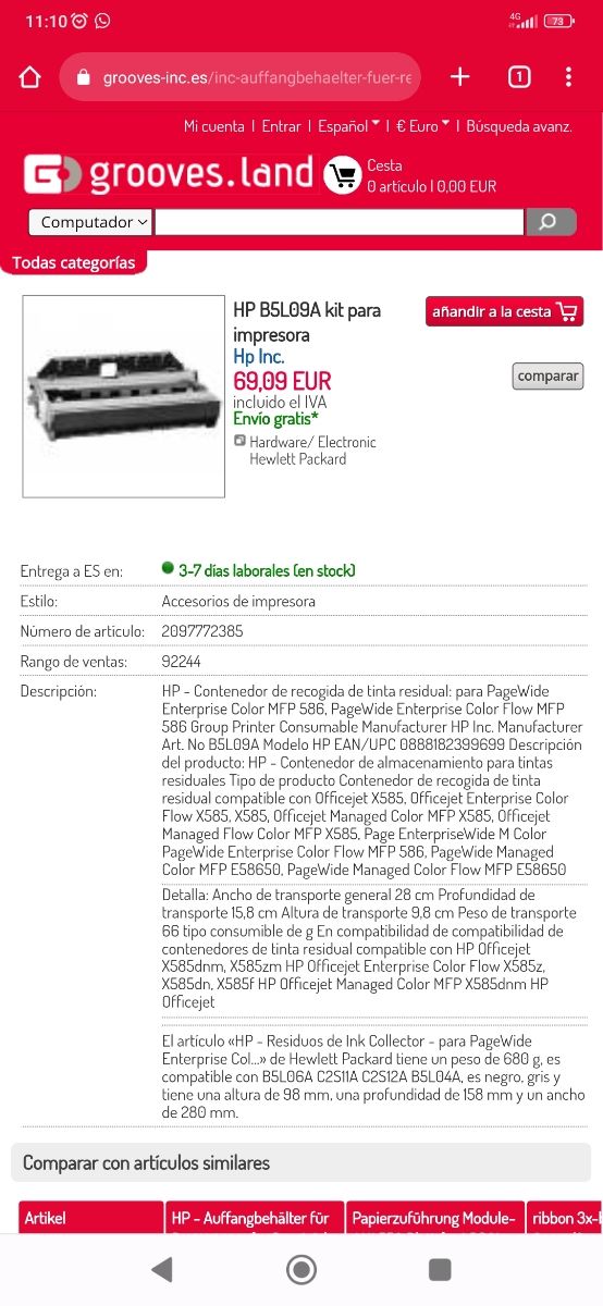 Recolector tinta HP B5L09A NUEVO