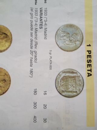 moneda 1 peseta plata 1933 girada 180 grados.    .