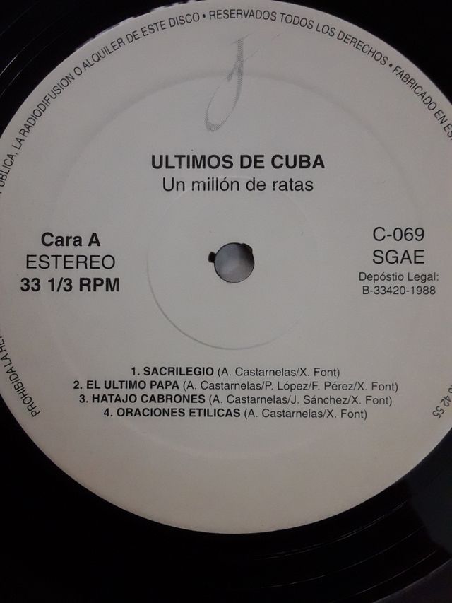 ULTIMOS DE CUBA - UN MILLON DE RATAS
VINILO 1988.