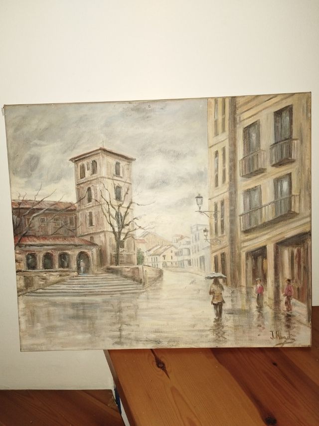 Cuadro , pintura al oleo , vista urbana lluviosa