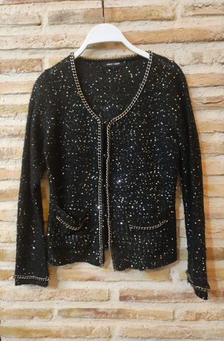 CHAQUETA PUNTO BRILLI, LENTEJUELAS, CADENA