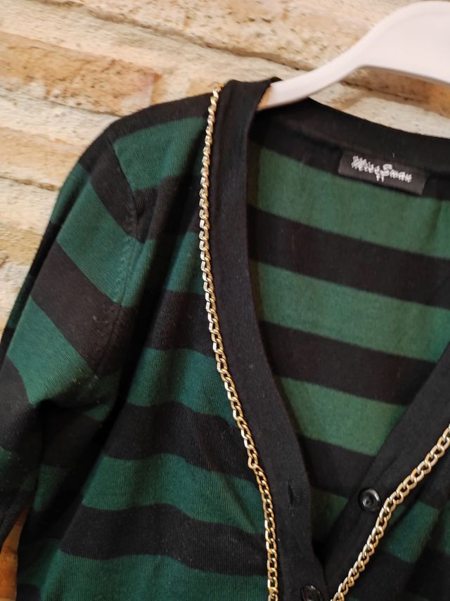 CHAQUETA PUNTO FINO RAYAS VERDE/ NEGRO, LARGA