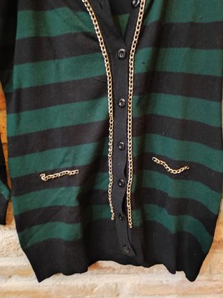 CHAQUETA PUNTO FINO RAYAS VERDE/ NEGRO, LARGA