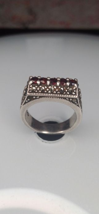 Plata 925 (10g) Sofisticado Anillo antiguo 5 rubis