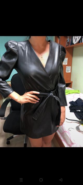 Vestido tipo kimono piel, cuero, Stradivarius