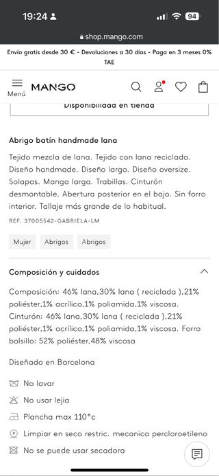 Abrigo clásico lana batín cinturón oversize