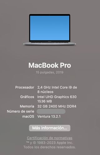 Macbook Pro 15 i9 8 núc 32gb 1TB radeon 555X 2019