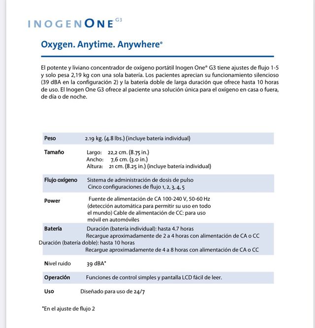Concentrador de oxigeno PORTATIL Inogenone G3 