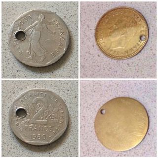 Lote 3 monedas antiguas taladradas/curiosas