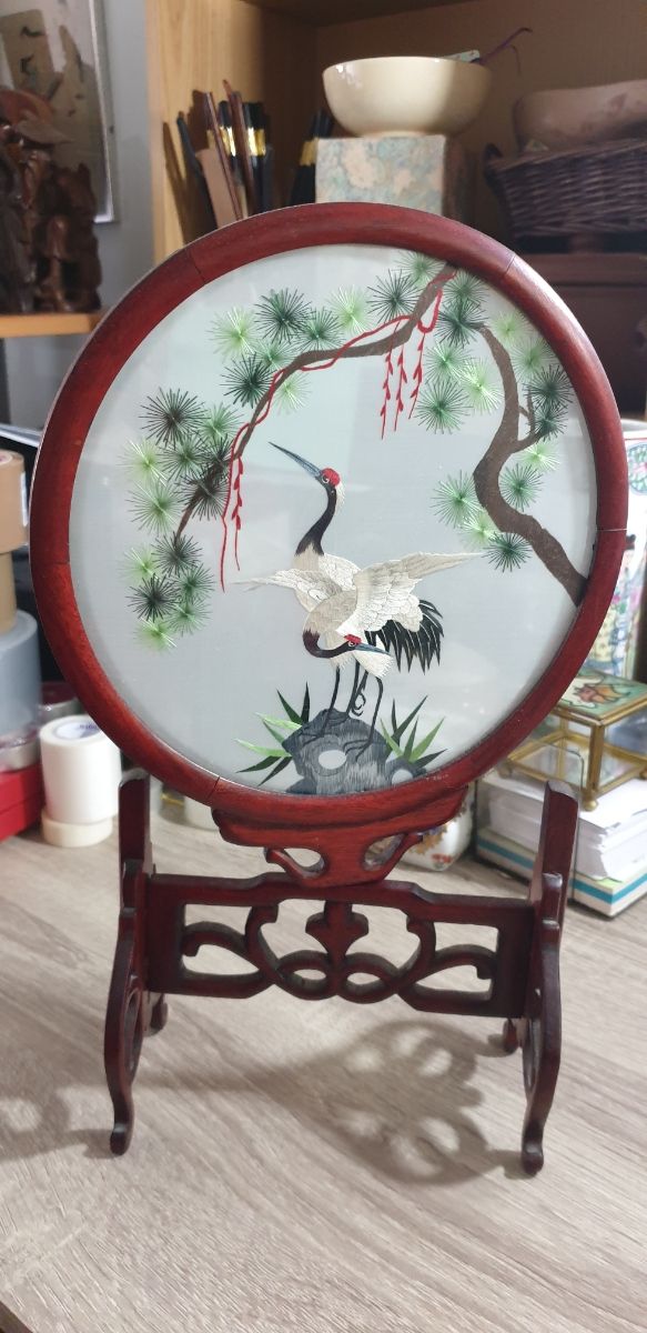 ricamo seta su seta vintage,in legno di rosa