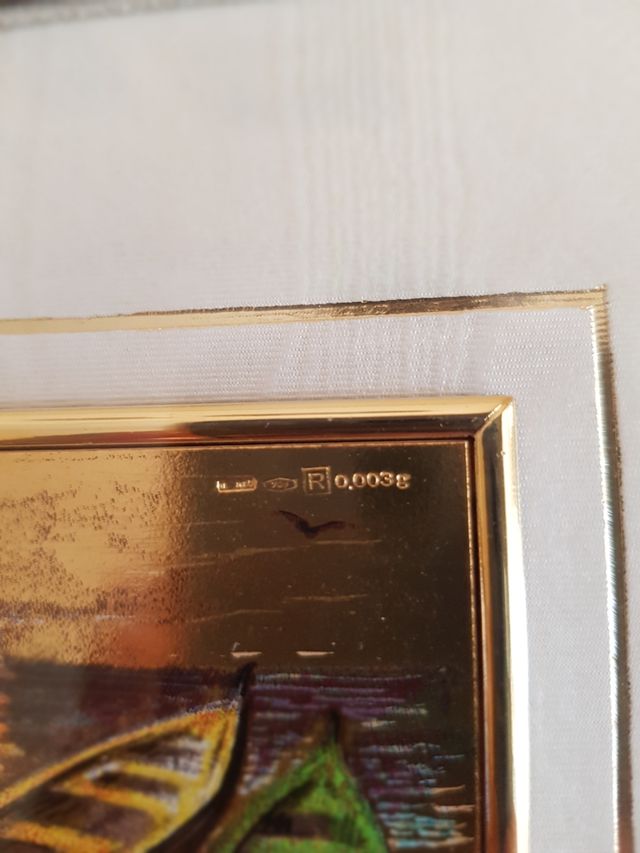 Quadretto su foglia oro. Tramonto al mare.