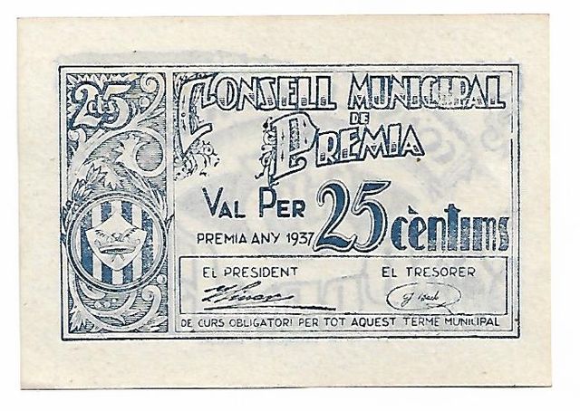 BILLETE 25 CÉNTIMOS PREMIA SIN CIRCULAR 1937