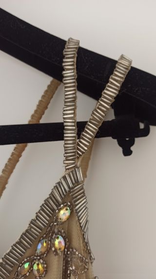 Vestido fiesta cocktail Pronovias dorado pedrería