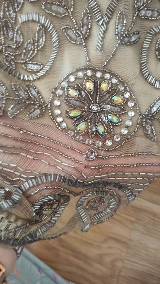 Vestido fiesta cocktail Pronovias dorado pedrería