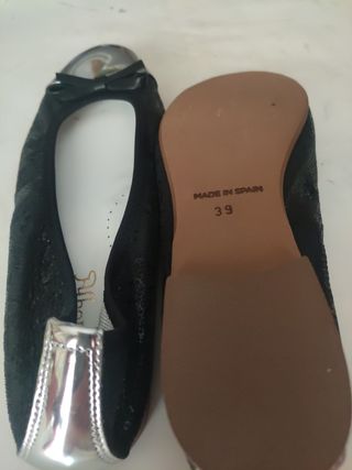 preciosas bailarinas negras y plata, piel,39