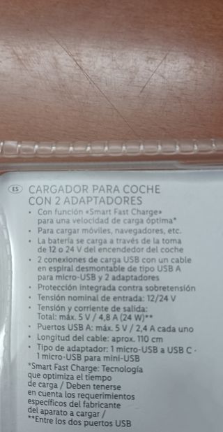 Cargador para móviles,tablets para uso en coche