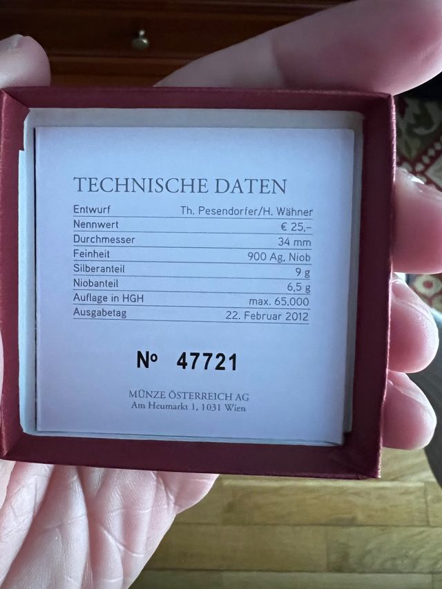 Moneda de 25€ plata niobio Austria 2012 bionik