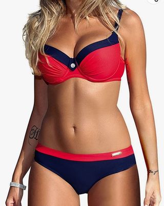 Bikini con aros rojo y azúl marino