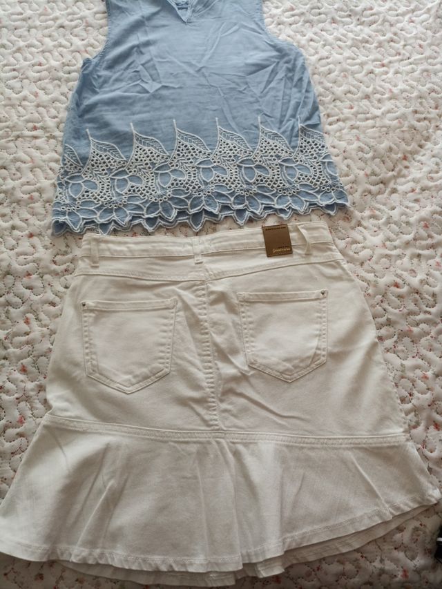 Falda tejana blanca y blusa pack 2