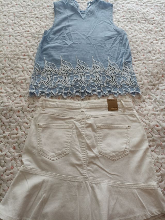 Falda tejana blanca y blusa pack 2