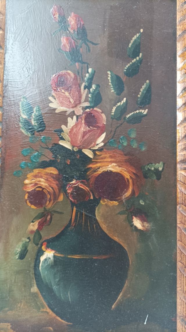 CUADRO FLORES ÓLEO SOBRE TABLA ANTIGUO
