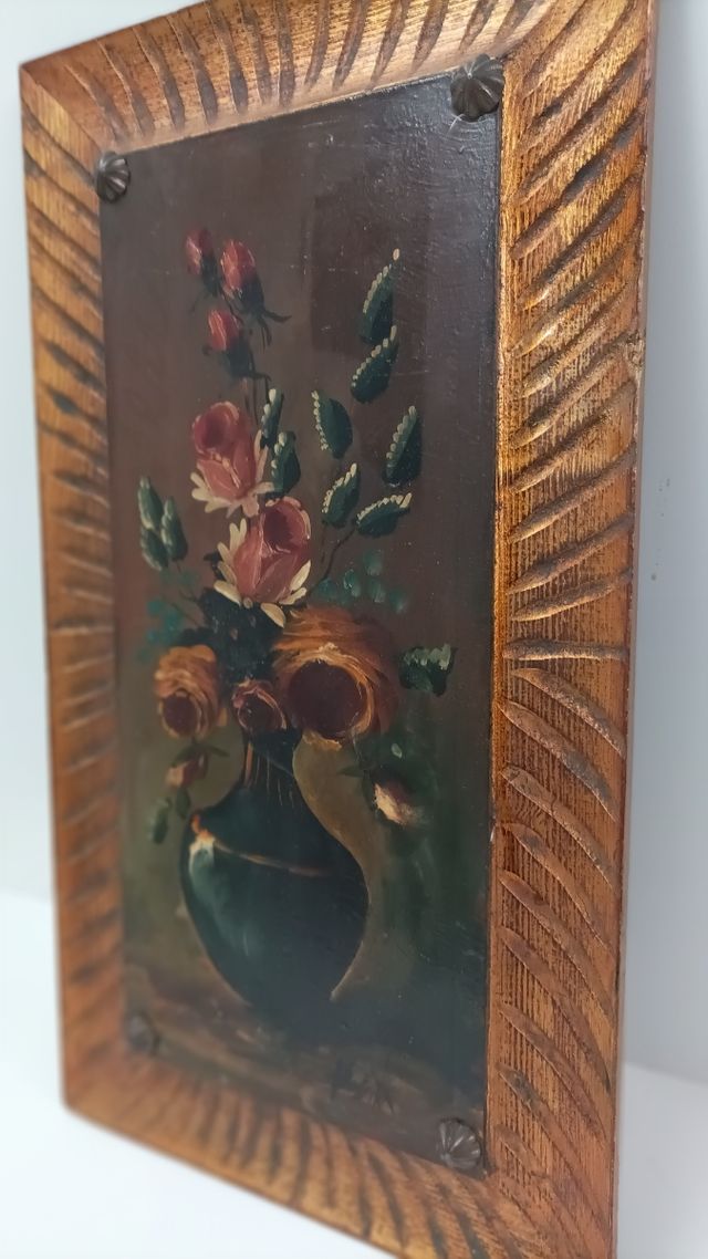 CUADRO FLORES ÓLEO SOBRE TABLA ANTIGUO